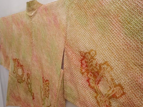 Photo2: 6421T07z380 Vintage Japanese Kimono Silk SHIBORI HAORI  Ochre (2)