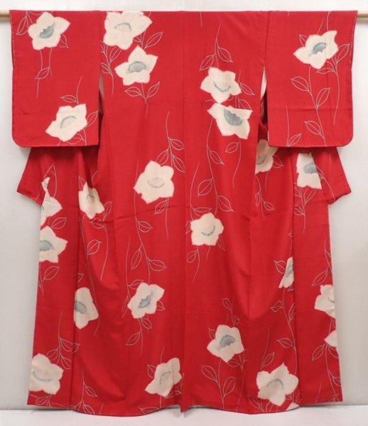 Photo1: 6421T08z760 Vintage Japanese Kimono Silk KOMON Flower Dull red (1)