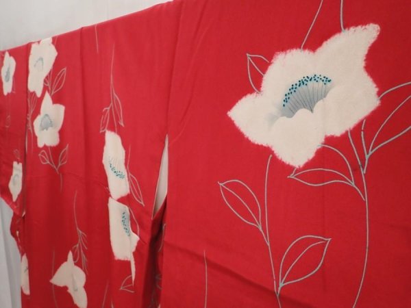 Photo2: 6421T08z760 Vintage Japanese Kimono Silk KOMON Flower Dull red (2)