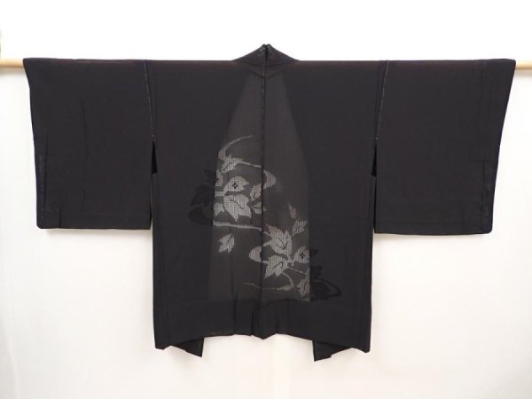 Photo1: 6423T01z290 Vintage Japanese Kimono Silk See through HAORI Leaf Black (1)