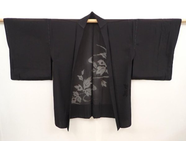 Photo5: 6423T01z290 Vintage Japanese Kimono Silk See through HAORI Leaf Black (5)