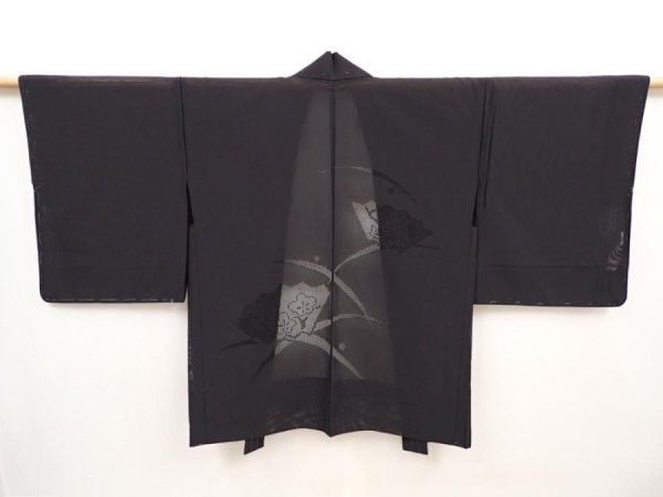 Photo1: 6423T03z310 Vintage Japanese Kimono Silk See through HAORI Jigami Black (1)