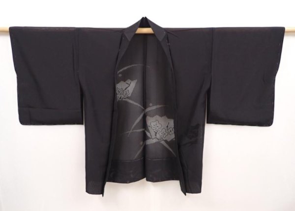 Photo5: 6423T03z310 Vintage Japanese Kimono Silk See through HAORI Jigami Black (5)