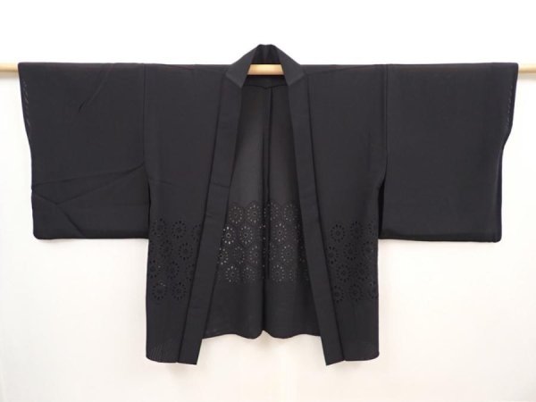Photo5: 6423T04z360 Vintage Japanese Kimono Silk See through HAORI  Black (5)