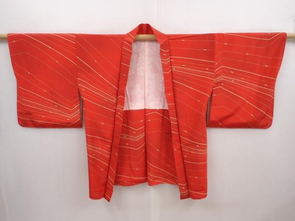 Photo5: 6423T05z620 Vintage Japanese Kimono Silk HAORI  Tomato red (5)