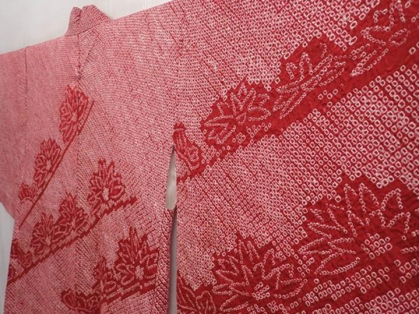 Photo2: 6423T06z490 Vintage Japanese Kimono Silk SHIBORI HAORI Flower Dull red (2)