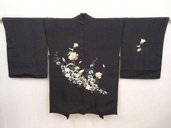 Photo1: 6423T09z650 Vintage Japanese Kimono Silk HAORI Flowers Black (1)