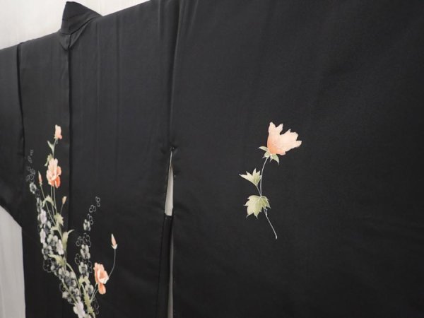 Photo2: 6423T09z650 Vintage Japanese Kimono Silk HAORI Flowers Black (2)