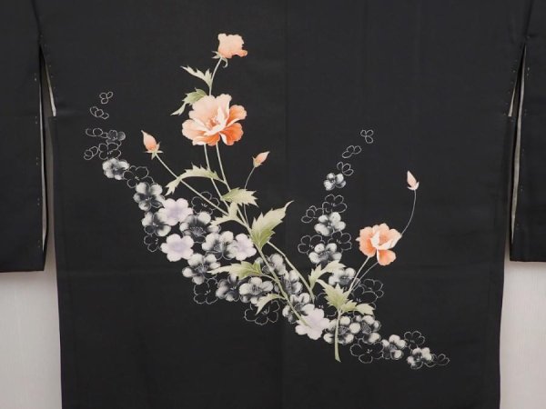 Photo3: 6423T09z650 Vintage Japanese Kimono Silk HAORI Flowers Black (3)