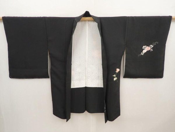 Photo5: 6423T09z650 Vintage Japanese Kimono Silk HAORI Flowers Black (5)