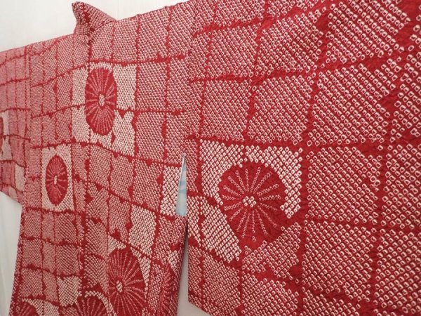 Photo2: 6423T10z520 Vintage Japanese Kimono Silk SHIBORI HAORI Flower Wine red (2)