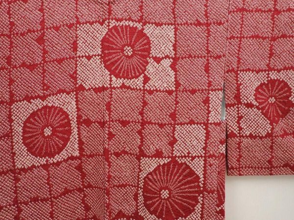 Photo3: 6423T10z520 Vintage Japanese Kimono Silk SHIBORI HAORI Flower Wine red (3)