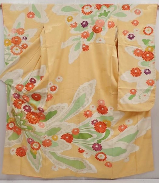 Photo1: 6423T12z1100 Vintage Japanese Kimono Silk FURISODE Chrysanthemum Light orange (1)