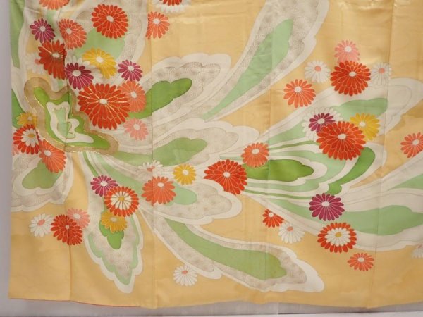 Photo5: 6423T12z1100 Vintage Japanese Kimono Silk FURISODE Chrysanthemum Light orange (5)