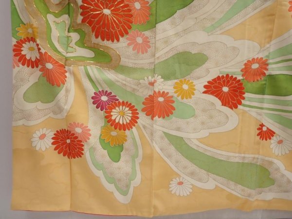 Photo6: 6423T12z1100 Vintage Japanese Kimono Silk FURISODE Chrysanthemum Light orange (6)