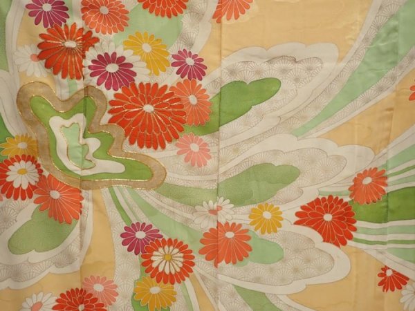Photo8: 6423T12z1100 Vintage Japanese Kimono Silk FURISODE Chrysanthemum Light orange (8)