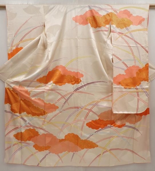 Photo1: 6423T13z1010 Vintage Japanese Kimono Silk FURISODE Cloud Off-white (1)