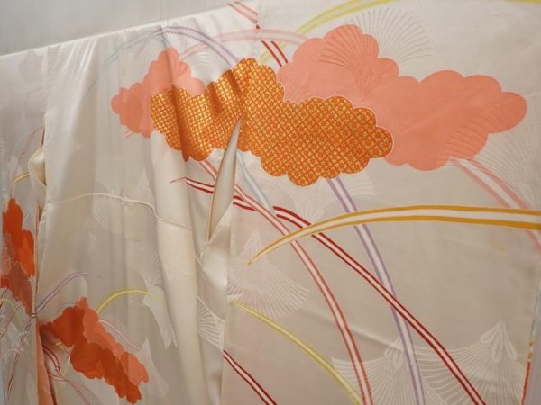 Photo2: 6423T13z1010 Vintage Japanese Kimono Silk FURISODE Cloud Off-white (2)