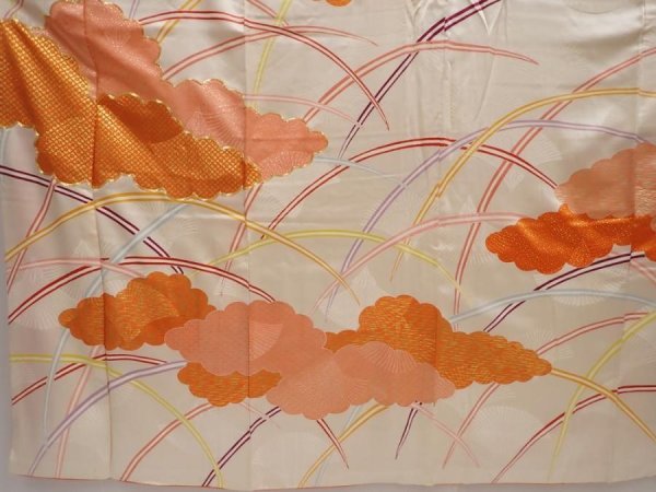 Photo5: 6423T13z1010 Vintage Japanese Kimono Silk FURISODE Cloud Off-white (5)