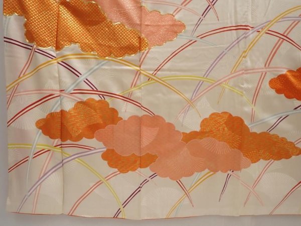 Photo6: 6423T13z1010 Vintage Japanese Kimono Silk FURISODE Cloud Off-white (6)