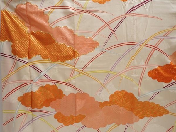Photo8: 6423T13z1010 Vintage Japanese Kimono Silk FURISODE Cloud Off-white (8)