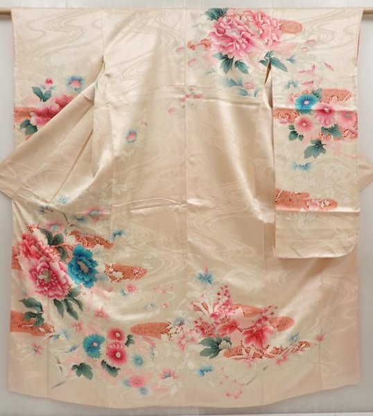 Photo1: 6423T14z880 Vintage Japanese Kimono Silk FURISODE Flowers Off-white (1)