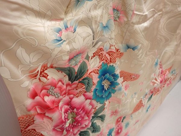 Photo3: 6423T14z880 Vintage Japanese Kimono Silk FURISODE Flowers Off-white (3)