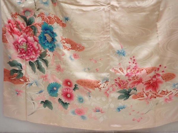 Photo5: 6423T14z880 Vintage Japanese Kimono Silk FURISODE Flowers Off-white (5)