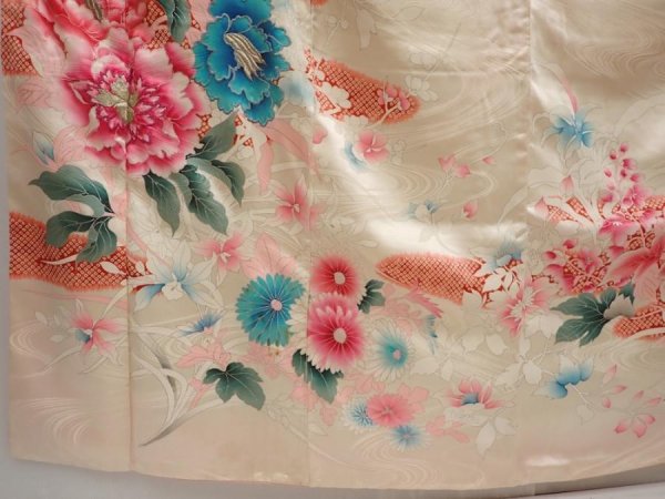 Photo6: 6423T14z880 Vintage Japanese Kimono Silk FURISODE Flowers Off-white (6)