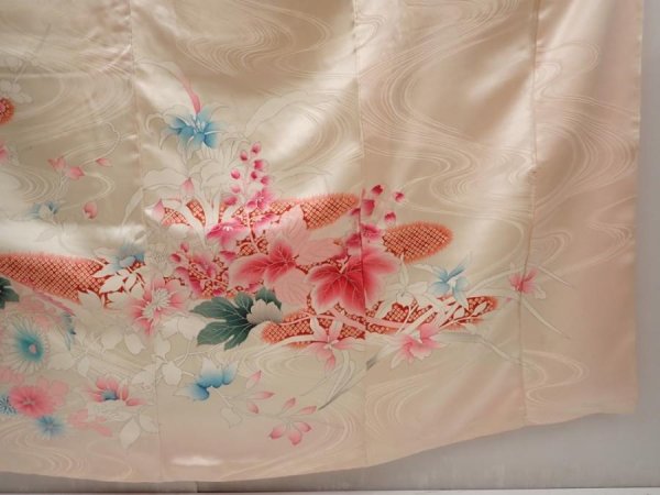 Photo7: 6423T14z880 Vintage Japanese Kimono Silk FURISODE Flowers Off-white (7)