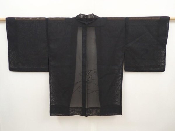 Photo1: 6430T01z180 Vintage Japanese Kimono Silk See through HAORI  Black (1)