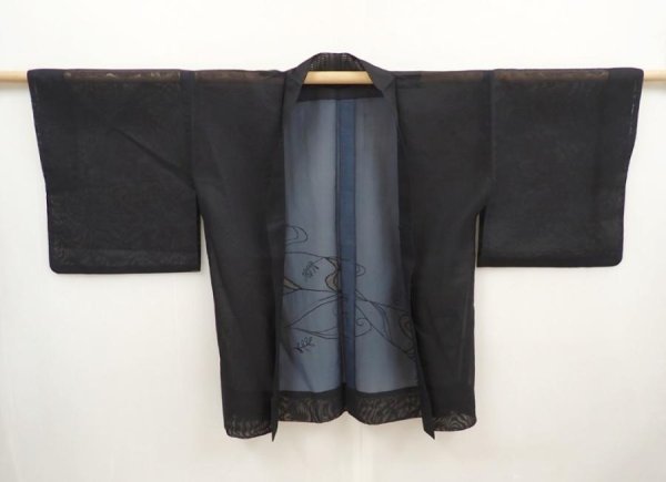 Photo5: 6430T01z180 Vintage Japanese Kimono Silk See through HAORI  Black (5)
