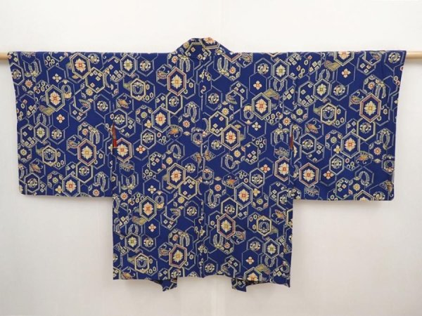 Photo1: 6430T03z460 Vintage Japanese Kimono Silk HAORI Flowers Dark blue (1)
