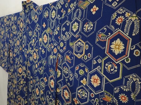Photo2: 6430T03z460 Vintage Japanese Kimono Silk HAORI Flowers Dark blue (2)