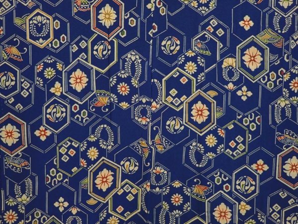 Photo3: 6430T03z460 Vintage Japanese Kimono Silk HAORI Flowers Dark blue (3)