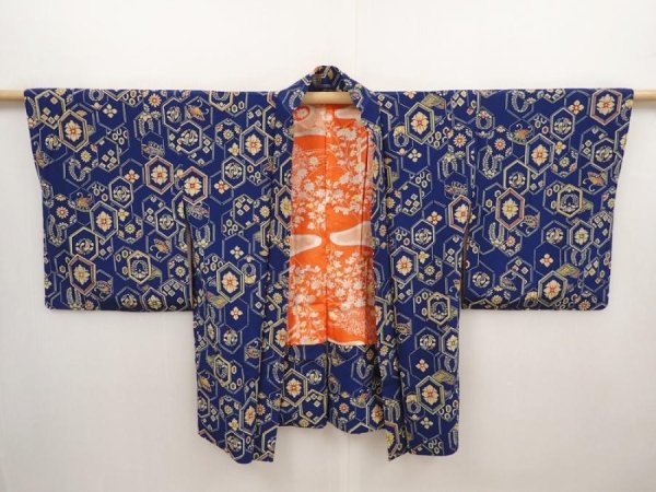 Photo4: 6430T03z460 Vintage Japanese Kimono Silk HAORI Flowers Dark blue (4)