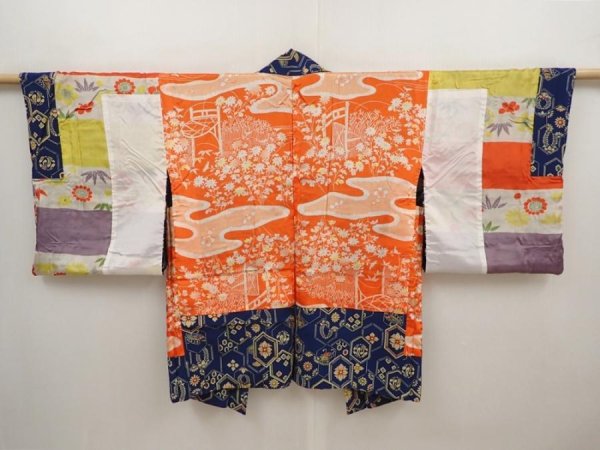 Photo6: 6430T03z460 Vintage Japanese Kimono Silk HAORI Flowers Dark blue (6)