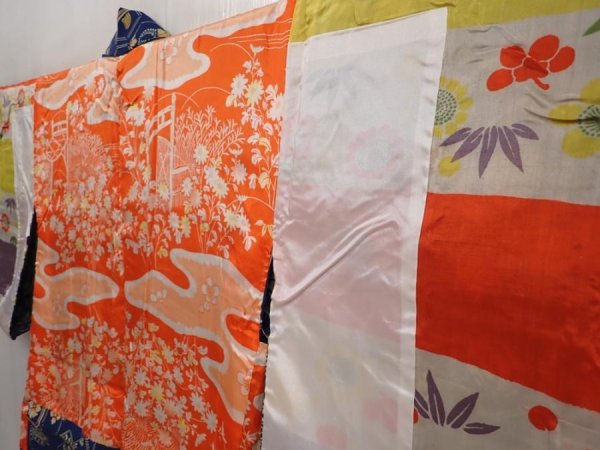 Photo7: 6430T03z460 Vintage Japanese Kimono Silk HAORI Flowers Dark blue (7)