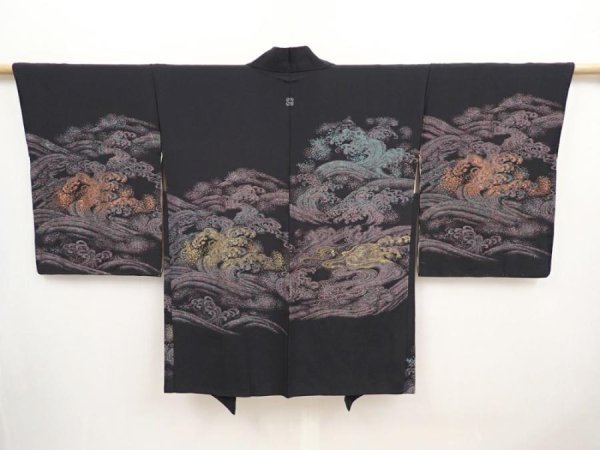 Photo1: 6430T04z580 Vintage Japanese Kimono Silk HAORI Wave Black (1)