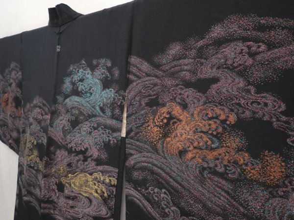 Photo2: 6430T04z580 Vintage Japanese Kimono Silk HAORI Wave Black (2)