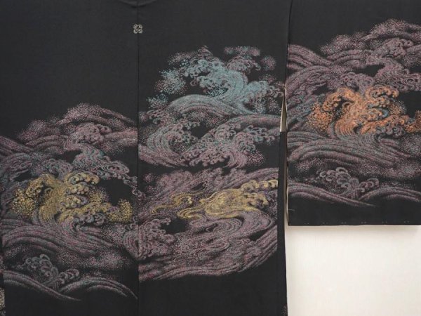 Photo3: 6430T04z580 Vintage Japanese Kimono Silk HAORI Wave Black (3)