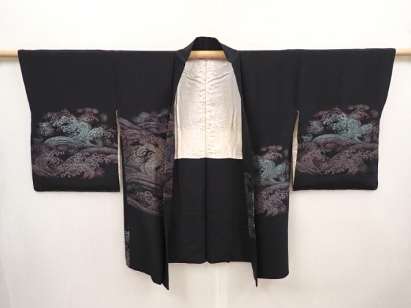 Photo6: 6430T04z580 Vintage Japanese Kimono Silk HAORI Wave Black (6)