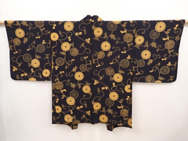 Photo1: 6430T05z610 Vintage Japanese Kimono Silk HAORI Chrysanthemum Black (1)