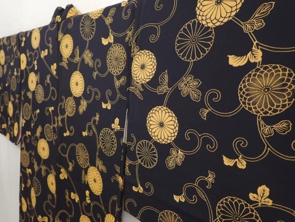 Photo2: 6430T05z610 Vintage Japanese Kimono Silk HAORI Chrysanthemum Black (2)