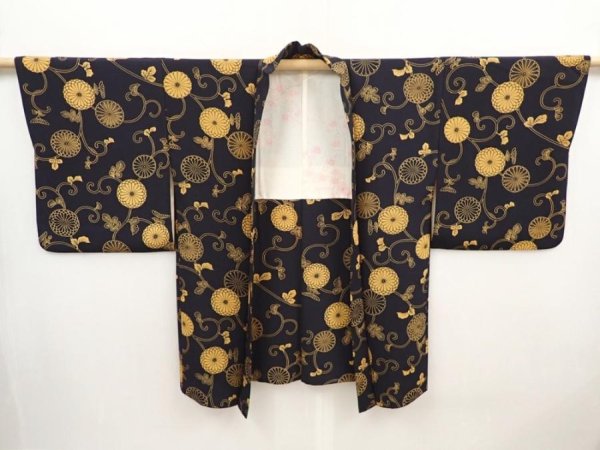 Photo5: 6430T05z610 Vintage Japanese Kimono Silk HAORI Chrysanthemum Black (5)
