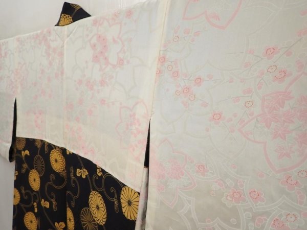 Photo7: 6430T05z610 Vintage Japanese Kimono Silk HAORI Chrysanthemum Black (7)