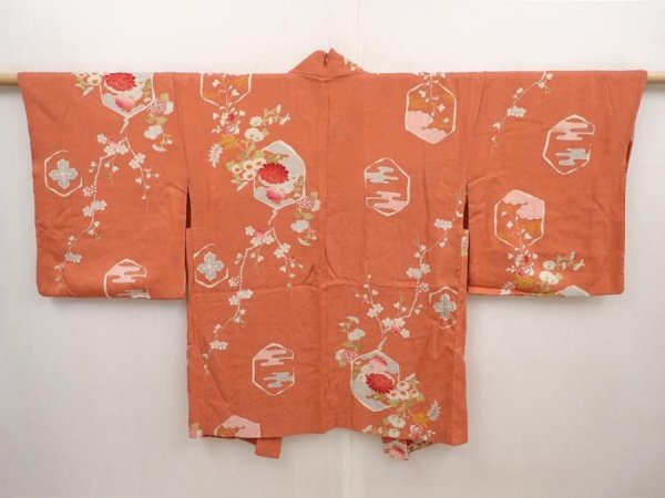 Photo1: 6430T07z400 Vintage Japanese Kimono Silk HAORI Chrysanthemum Dark salmon (1)