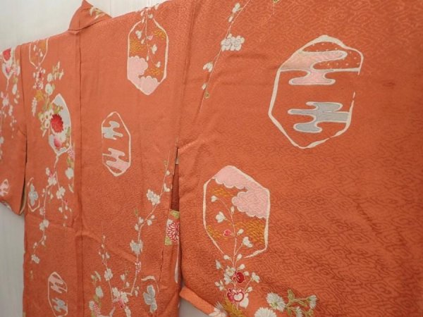 Photo2: 6430T07z400 Vintage Japanese Kimono Silk HAORI Chrysanthemum Dark salmon (2)