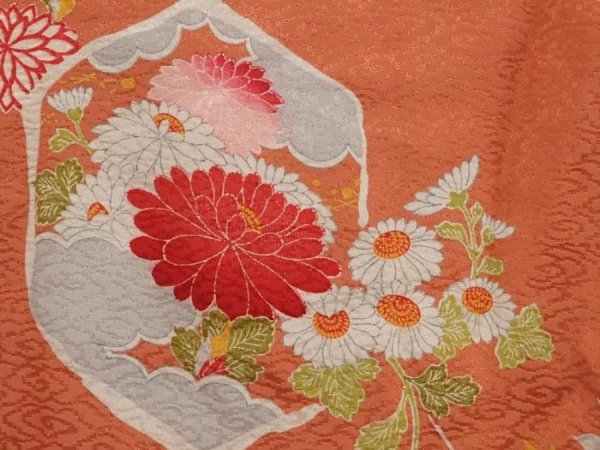 Photo4: 6430T07z400 Vintage Japanese Kimono Silk HAORI Chrysanthemum Dark salmon (4)