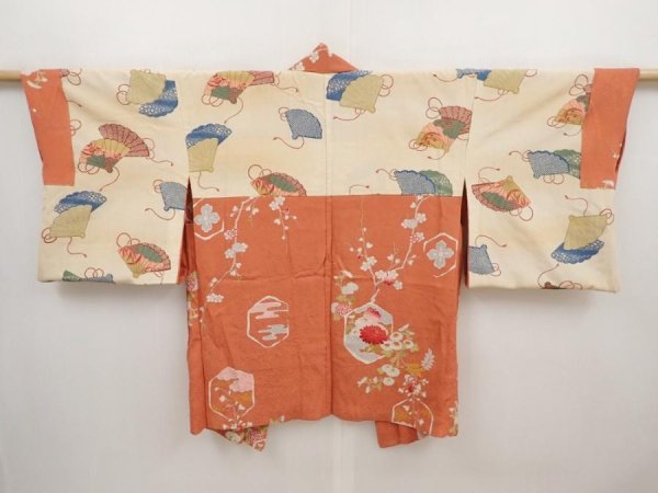 Photo7: 6430T07z400 Vintage Japanese Kimono Silk HAORI Chrysanthemum Dark salmon (7)